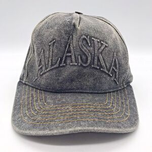 Vtg. Alaska Gray Distressed Denim Baseball Cap Logo Front & Back Trucker Dad Hat